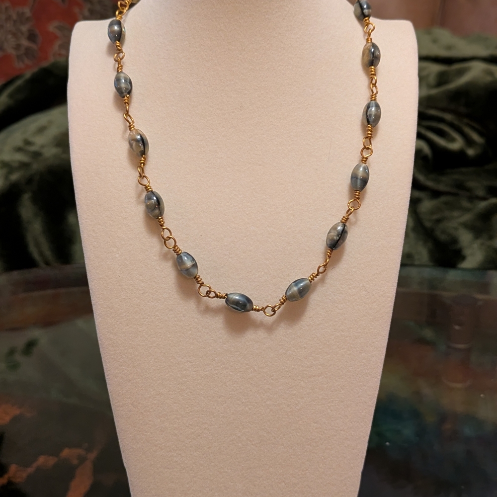Vintage Brass Wire Necklace with Marbleized Gray Glass Beads